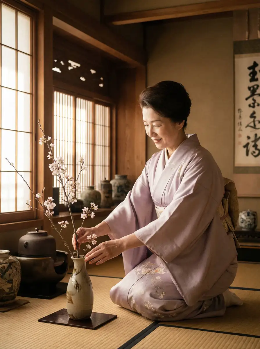 一位优雅的 重口味 在和室中插花