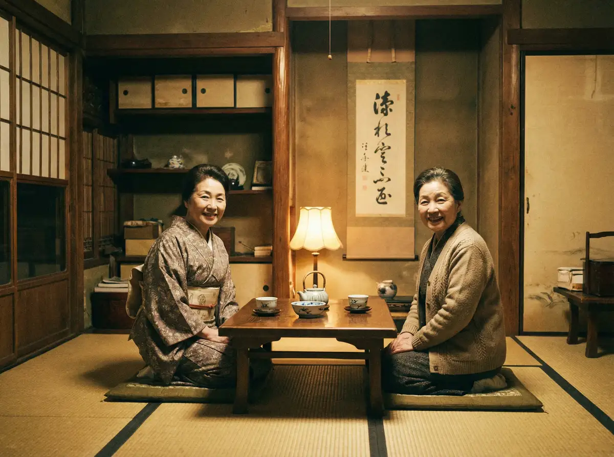 两位优雅的 重口味 在日式茶室中品茶交谈